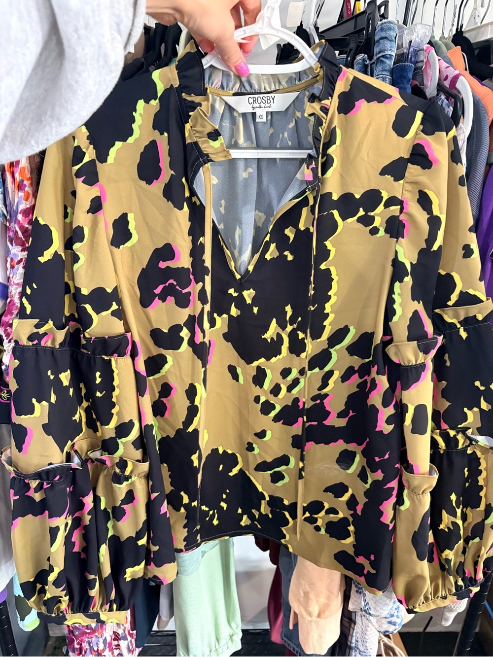 CROSBY by Mollie Burch Black, Olive & Pink Abstract Animal Print Blouse